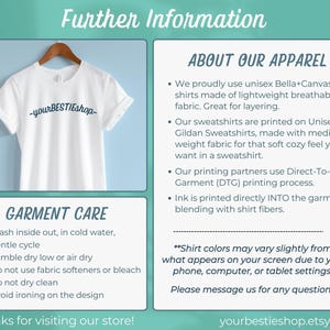 May include: White t-shirt with the text "-yourBESTIEshop-" in a script font. The shirt is displayed on a wooden hanger against a light blue background. Information about apparel and garment care is also included.