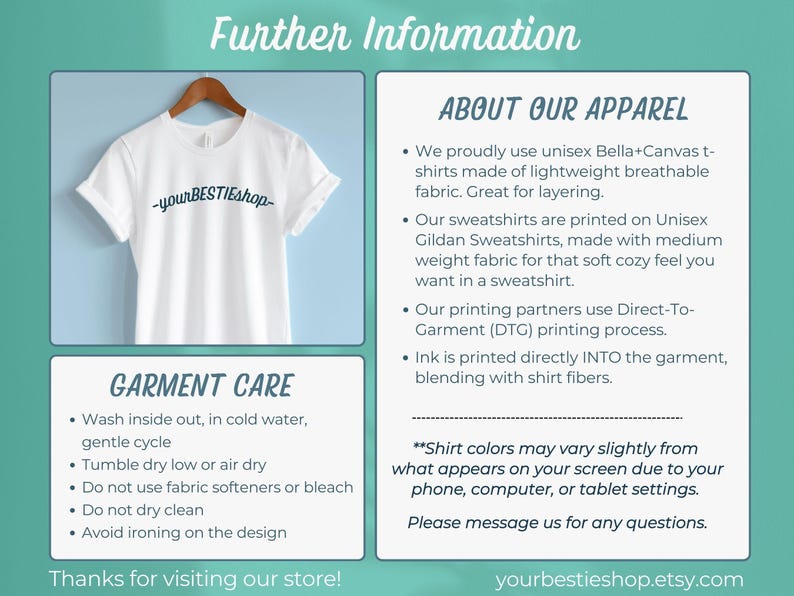 May include: White t-shirt with the text "-yourBESTIEshop-" in a script font. The shirt is displayed on a wooden hanger against a light blue background. Information about apparel and garment care is also included.
