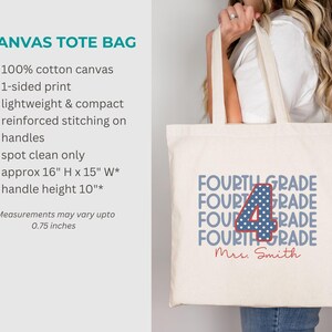 May include: A cream-colored canvas tote bag featuring the text FOURTH GRADE repeated four times in blue, with a large blue and white polka-dot number 4 in the center and the name Mrs. Smith printed in red script below the text.