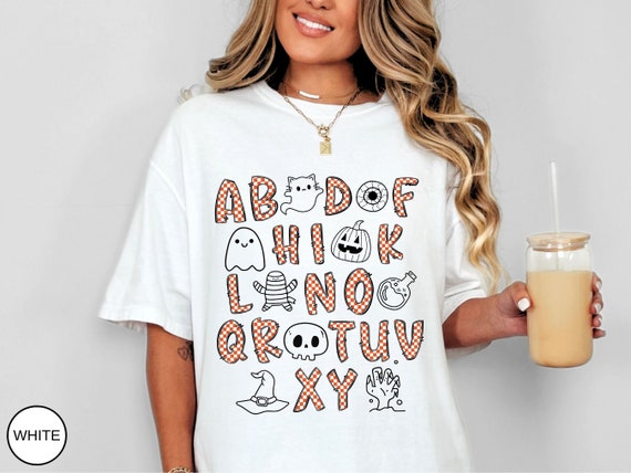 Alphabet Halloween Shirt Comfort Colors® TShirt Fall Clothing Back to School Gift for Preschool, Kindergarten, Cute First Grade Teacher Tee