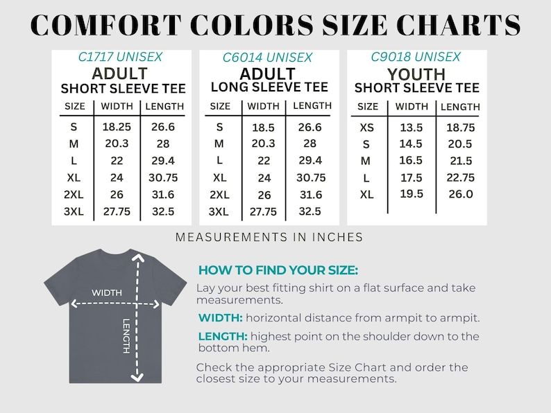 Op de afbeelding: Maattabellen voor Comfort Colors t-shirts, inclusief korte en lange mouwen voor volwassenen en korte mouwen voor jongeren. De afmetingen zijn in inches, met breedte- en lengtematen voor elke maat, van XS tot 3XL. Instructies voor het meten zijn inbegrepen.