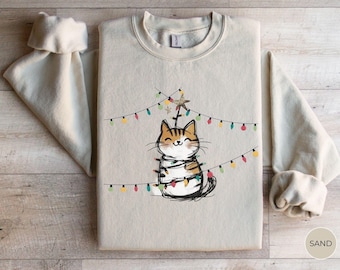Cat Christmas Lights Sweatshirt Cat Person Gift for Cat Lover Tee Cute Cat Shirt Meowy Xmas Eve Outfit Funny Winter Holiday Crewneck Sweater