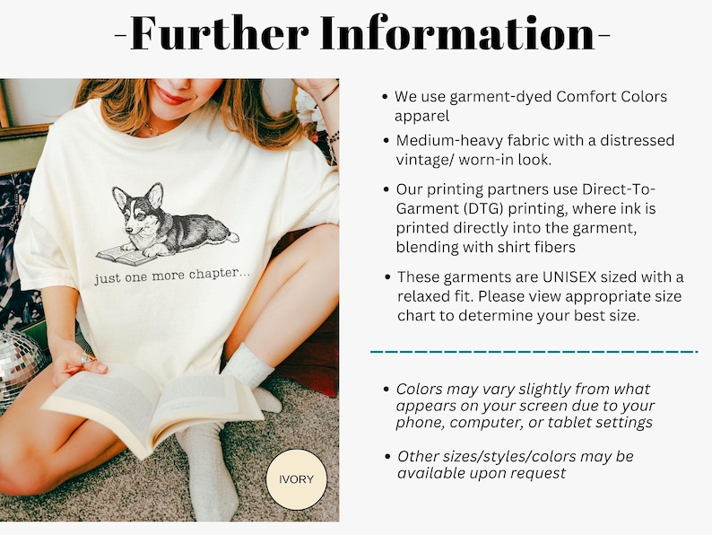 Op de afbeelding: Ivoor kleurig T-shirt met een zwart-wit illustratie van een corgi hond die een boek leest, met de tekst "just one more chapter...". Onderdeel van de Comfort Colors kledinglijn.