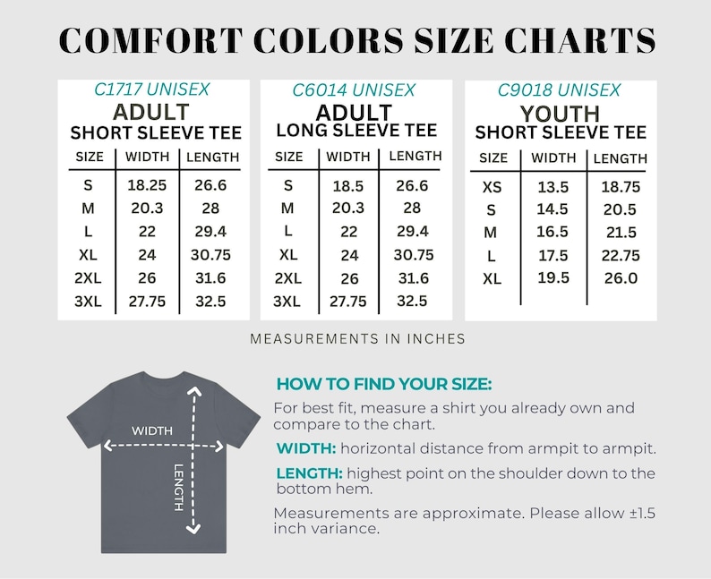 Pu&ograve; includere: Tabelle taglie Comfort Colors per t-shirt unisex C1717 a maniche corte per adulti, C6014 a maniche lunghe per adulti e C9018 a maniche corte per ragazzi. Le tabelle elencano le taglie S-3XL o XS-XL con misure in pollici. Include un diagramma che mostra come misurare larghezza e lunghezza di una t-shirt.
