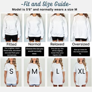 May include: A white clothing size guide with the text "Fit and Size Guide". The guide shows how different sizes fit, from fitted to oversized. The model is 5'6" and wears a size M. Sizes include S, M, L, and XL.