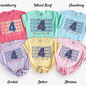 May include: Six short-sleeve t-shirts in Crunchberry, Island Reef, Chambray, Orchid, Butter, and Blossom colors. Each shirt features the repeated text FOURTH GRADE, a large number 4 with a blue and white polka dot pattern, and the name Mrs. Smith.