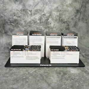 Può includere: Una collezione di Datacards, con testo e grafica, esposta su un supporto nero. Le carte sono classificate con titoli come "Faction Role" e "Strategy Play". La parola "Datacards" è visibile sul supporto.