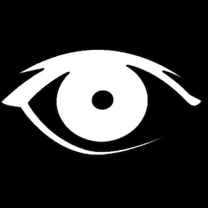May include: A white stylized eye with a black pupil, on a black background.