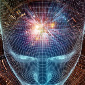 May include: A digital rendering of a human head with a glowing, multi-coloured light emanating from the centre of the brain. The head is surrounded by a grid pattern, suggesting a connection to technology and data.