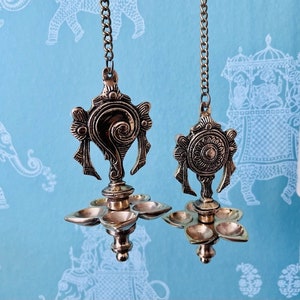 Brass Perumal Sangu Chakra- 23 Inches Tall - Shank-Chakra Hanging Oil Lamps - Five Wicks - Indian Decorative Diyas