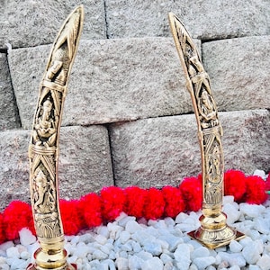 Handcarved Ganesha on Brass Tusks |Housewarming Gift |Brass Tusk Home Decor |One of a Kind Ganesha Decor | Brass Ganesha Engraved Tusk Decor