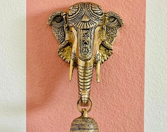 Brass Ganesha Door Knocker: Elephant Wall Hanging with Bell