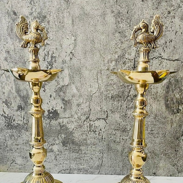 Kuthu Vilakku, annapakshi, Brass diya Stand, brass oil lamp , Long Brass diya stand, Traditional diya (12-14-16 Inches)| Navratri Decor