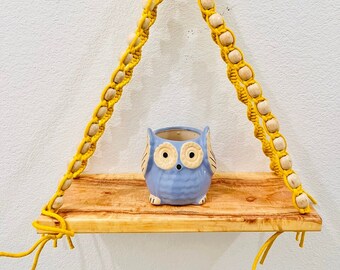 Macrame Plant Hanger: Bohemian Wood Shelf with Beige Beads | Easter Gifts
