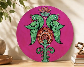 Boho Wall Decor Set | Hand Painted Wooden Wall Hanging | 12 Inch Indian Folk Art Plates | Colorful Living Room Decor