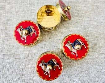 Trending Brass Haldi Kumkum Box with Pichwai Art, Brass Pichwai Kumkum Box, Ethnic Decor, Pichwai Design, Housewarming Gift, (Set of 4)