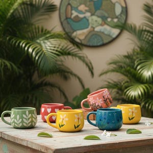 Hand Painted Floral Ceramic Mug, Retro Coffee Cup, Unique Tea Mug, Easter Gifts, Valentines Day, Galentines Day