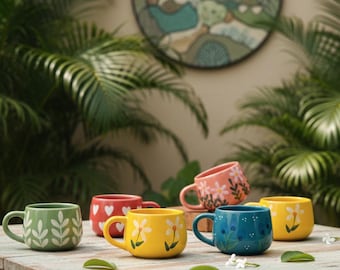 Hand Painted Floral Ceramic Mug, Retro Coffee Cup, Unique Tea Mug, Easter Gifts, Valentines Day, Galentines Day