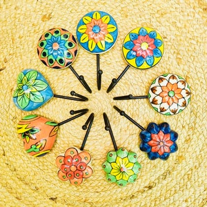 Assorted Multicolor Round Shape Handmade Colorful Ceramic Coat Hook, Towel Hook, Decorative Wall Hook, Coat Hanger Keys Hook| Boho Style