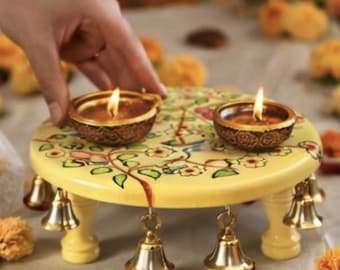 Round Wooden Pooja Chowki with Bells | Mandir Decor | Diwali Navratri Puja Stand | Housewarming Gift | Indian Home Decor