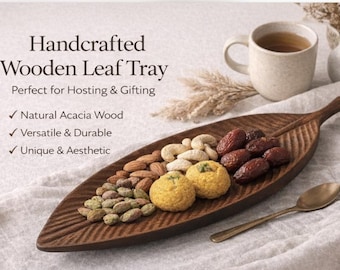 Wooden Leaf Tray – Acacia Wood Serving Platter, Snack & Appetizer Tray, Rustic Home Decor, Coffee Table Tray, Housewarming Gift