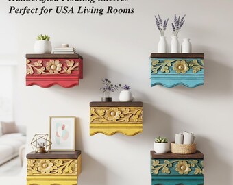 Floating Wood Shelves |Hand-Carved Floating Shelves | Genuine Quality Wood | Trendy | Traditional | Orange , Green and Blue available