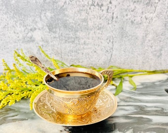 Handcrafted Pure Brass Tea Cup & Saucer: Antique Indian Finish | Easter Gifts