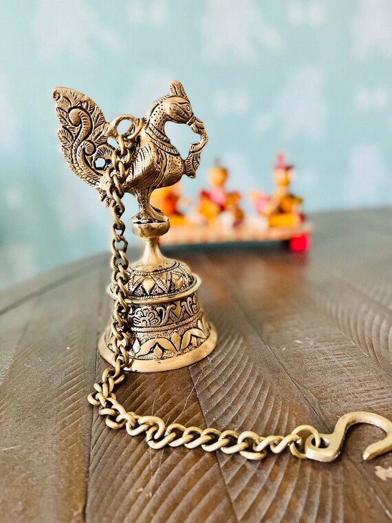 Traditional Brass Temple Bells with Peacock for Home Decor Brass