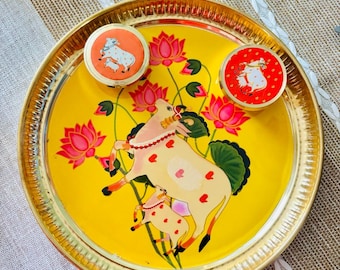 Laminated Pichwai Cow Print Pure Brass 8" Inches Round Trays | Pichwai Plates | Brass Aarthi Plate Navratri |Diwali| Gifts|Housewarming Tray