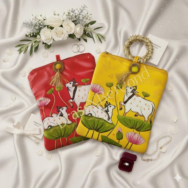 Pode incluir: Duas bolsas retangulares, uma vermelha e outra amarela, com ilustra&ccedil;&otilde;es de vacas e flores de l&oacute;tus. A bolsa vermelha tem um pend&atilde;o dourado e uma argola. A bolsa amarela tem uma al&ccedil;a tran&ccedil;ada e o texto "Brass Beyond".
