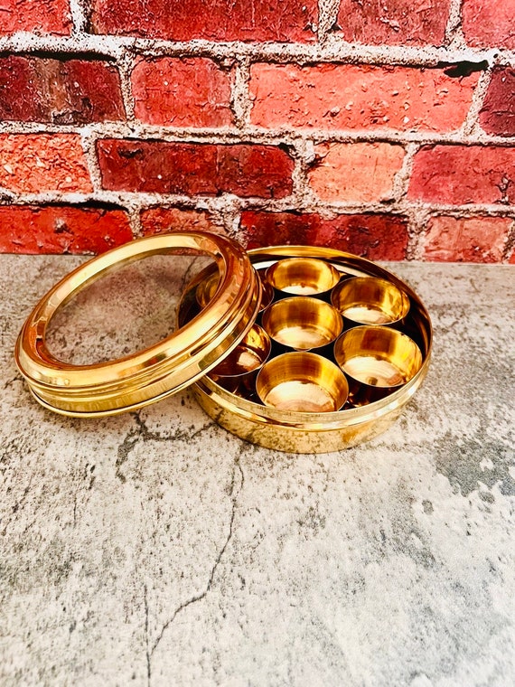 Handmade Brass Masala Dabba: Indian Spice Box with Lid