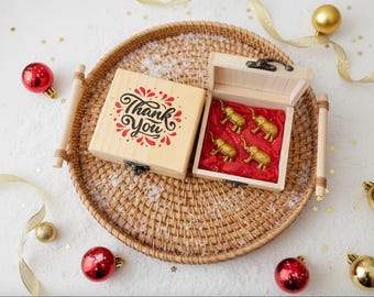 Wooden Thank You Boxes with Brass Elephants: Party & Wedding Favors | Easter Gifts