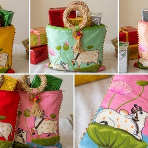 Assorted and Colorful Lotus and Cow Pichwai Print Silk Potli Bags|Return Gifts|Wedding Favors | Housewarming| Party favor return gifts potli imagem 2