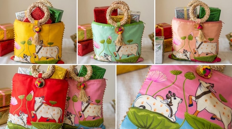 Assorted and Colorful Lotus and Cow Pichwai Print Silk Potli Bags|Return Gifts|Wedding Favors | Housewarming| Party favor return gifts potli imagem 2