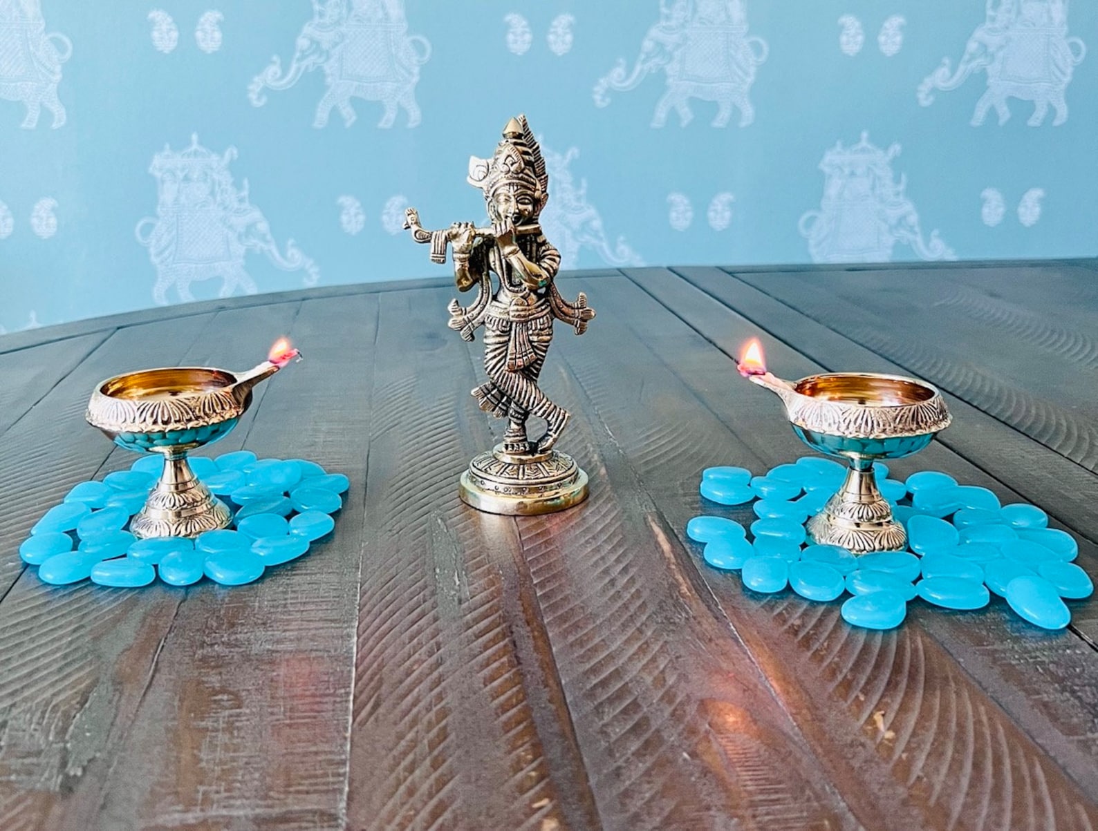 Indian Puja Brass Oil Lamp With Stand Golden Diya Lamp Engraved Design