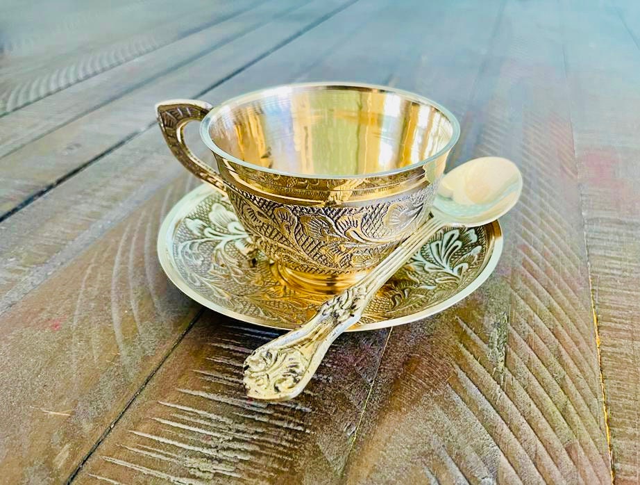Solid Brass Tea Cup and Saucer - 130ml (Pack of 6)