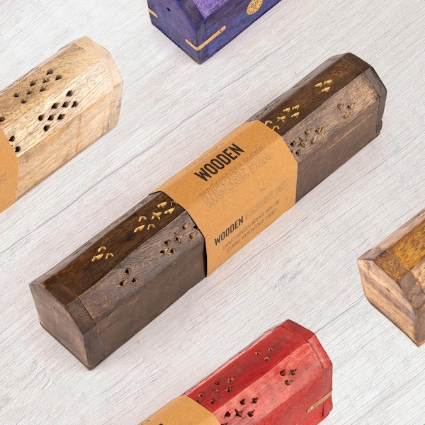 Handmade Wooden Incense Stick Holder/Burner - Incense Stick Box carved for Incense Cone Holder with Brass Inlay| Navratri Special