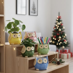 Cute Ceramic Owl Planter Pots in 5 Colors | Planter Pots | Home Office Pen Stands | Console Table Decor | Corporate Gifts