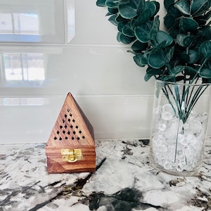 Handmade Wooden Home Fragrance Stand(Brown, Triangular)-Pyramid Shape Dhoop Holder - Aroma Therapy Box–Wooden Ash Catcher Box | Dhoop Holder