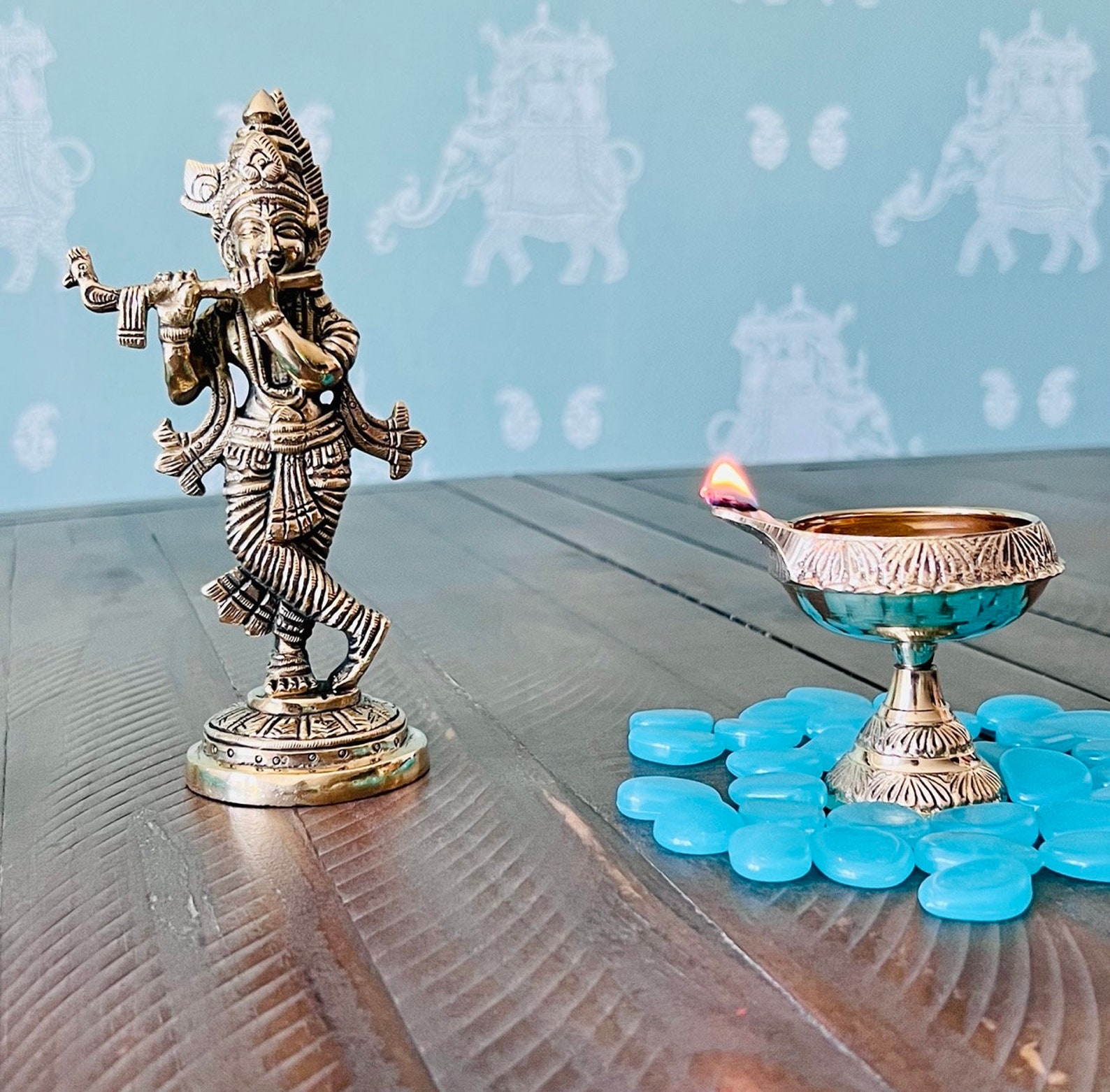 Indian Puja Brass Oil Lamp With Stand Golden Diya Lamp Etsy