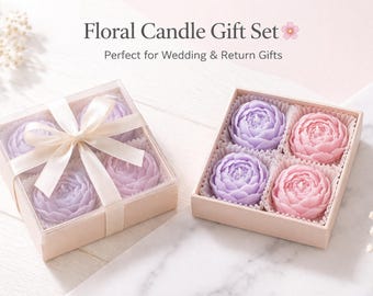 Housewarming Return Gift Set of 4 Floral Candles | Indian Griha Pravesh Favors | Gold Organza Bag with Thank You Tag | Wedding & Party Gifts
