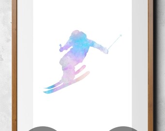 Skifahrer Silhouette 11 x 47 cm Print | Erhältlich als Sofortiger Digital Download & DIY Druck | Buntes Aquarell Action Ski Druck