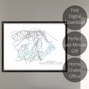 Puede incluir: Una impresión enmarcada con un dibujo lineal detallado de un mapa de estación de esquí, con pistas en azul, verde y rojo. La impresión incluye el texto "PANORAMA BRITISH COLUMBIA | CANADA". La obra de arte se muestra en un dormitorio.
