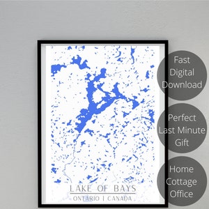 Mapa del lago de las bahías / Impresión digital / Arte moderno de la pared / Huntsville / Muskoka / Arte del mapa / Regalo / Casa de campo / Impresión del lago / Arte del cartel / Cartel del mapa