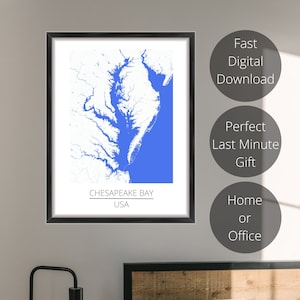 Mappa di Chesapeake Bay / Arte da parete stampabile pronta per il download digitale istantaneo. Mappa monocromatica del Maryland, Virginia, Delaware/Arredamento domestico moderno
