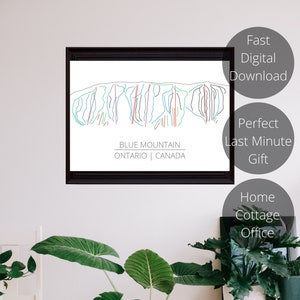 Mapa de pistas de esquí de Blue Mountain / Arte de pared imprimible listo para descarga digital instantánea. Mapa de rutas de esquí del chalet de Collingwood Ontario y arte de esquí.