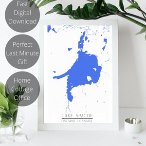 Impresión digital del mapa del lago Simcoe / Arte moderno de la pared / Ontario / Canadá / Arte del mapa / Mapa de regalo / Casa de campo / Impresión del lago / Arte del cartel / Cartel del mapa