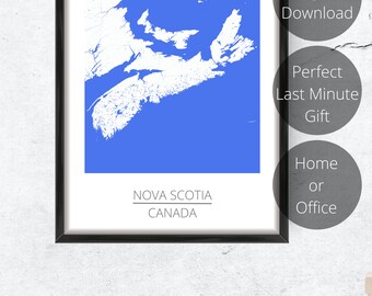 May include: A digital print of a map of Nova Scotia, Canada. The map is in white on a blue background. The print is framed in black and is hanging on a white wall. The text "NOVA SCOTIA CANADA" is printed below the map.