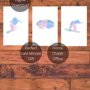 3er Set Ski und Snowboard Drucke | Erhältlich als digitaler Download für DIY-Druck | Bunte Aquarell-Silhouetten für den Skifahrer / Reiter