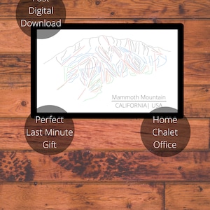 Mammoet bergpad kaart | Digitale afdruk | Wanddecoratie | Moderne kunst aan de muur | Parcourskaart kunst | Skichalet kunst | Skiroutekaart | Californië